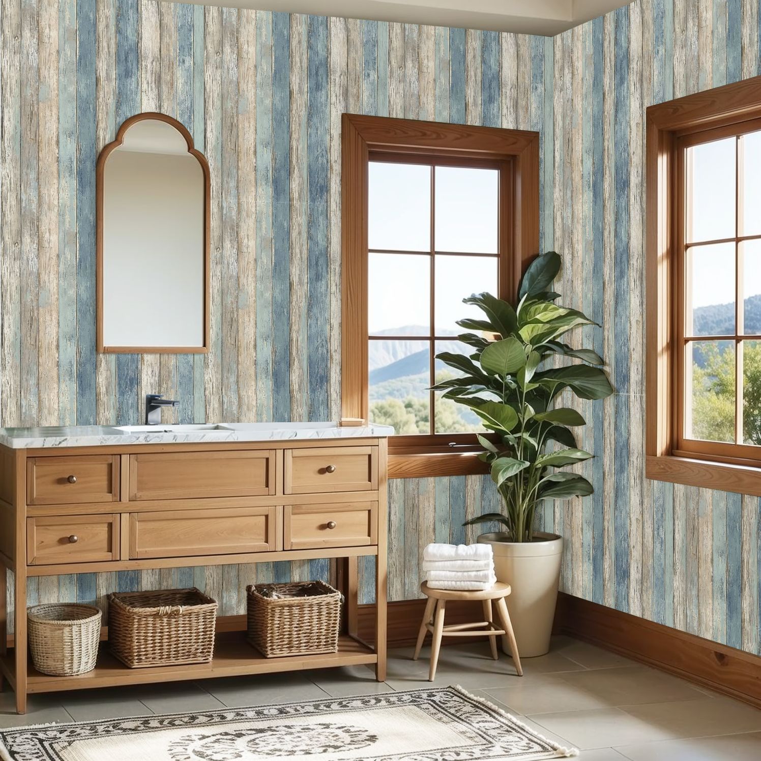 Peel and Stick Wallpaper 23.6in x 9.8ft Vintage Blue Neutral Wooden Plank Wall Design Contact Paper Vinyl Waterproof Self Adhesive Wall Paper for Shelf Cabinet Hunting Cabin