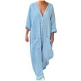 thumbnail image 2 of Wycnly Womens Jumpsuits Casual Button Down Cotton Linen Pocket Plus Size Maxi Jumpsuits Trendy Plain V-Neck Long Sleeve Long Rompers for Women, 2 of 6