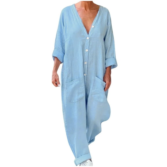 Wycnly Rompers for Women Casual Button Down Cotton Linen Pocket Plus Size Maxi Jumpsuits V-Neck Long Sleeve Formal Plain Long Womens Jumpsuits on