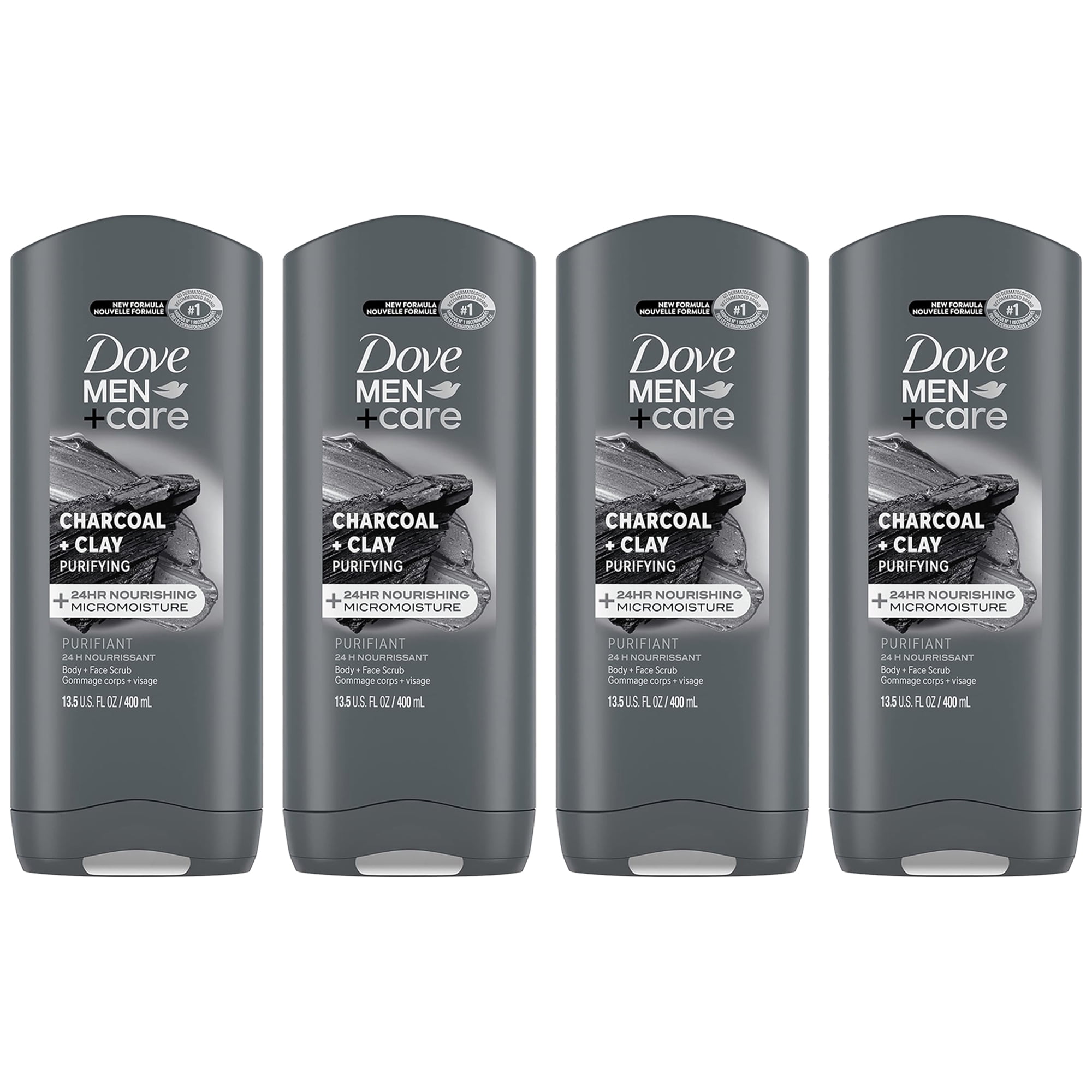 Pack of (4) DOVE MEN + CARE Purifying Charcoal + Clay Body and Face Wash with 24-Hour Nourishing Micromoisture Technology Body Wash for Men, 13.5 oz