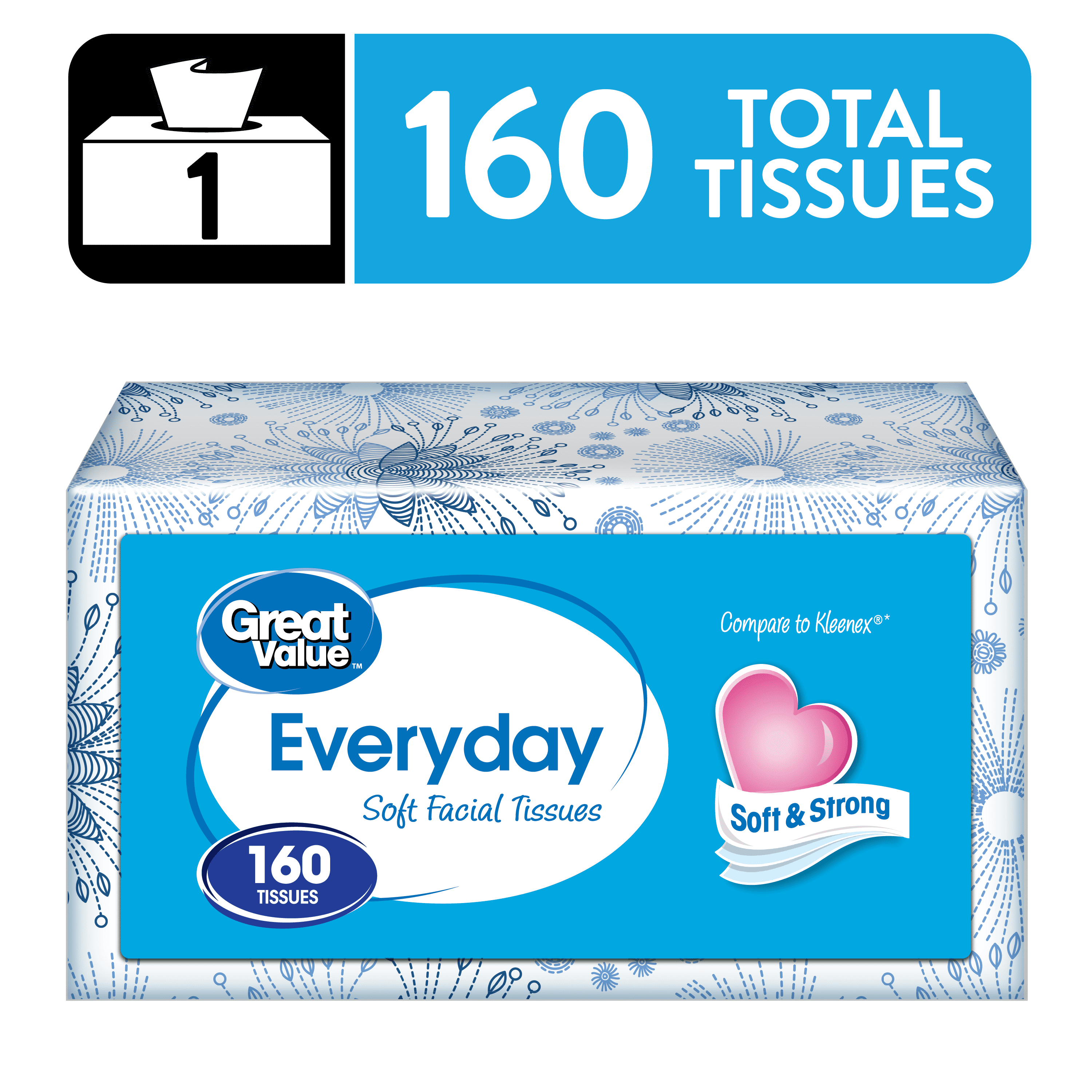 (18 pack) Great Value Everyday Soft Facial Tissues, 1 Flat Carton, 160 Tissues per Flat, 2-Ply, Compare to Kleenex®