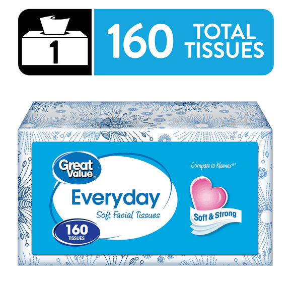 Great Value Everyday Soft Facial Tissues, 1 Flat Carton, 160 Tissues per Flat, 2-Ply, Compare to Kleenex®