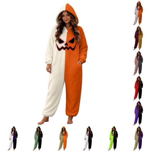 XIAOCHA Halloween Print Onesie for Women Hooded Zip Up Pocket Cuffed Sleep Jumpsuit