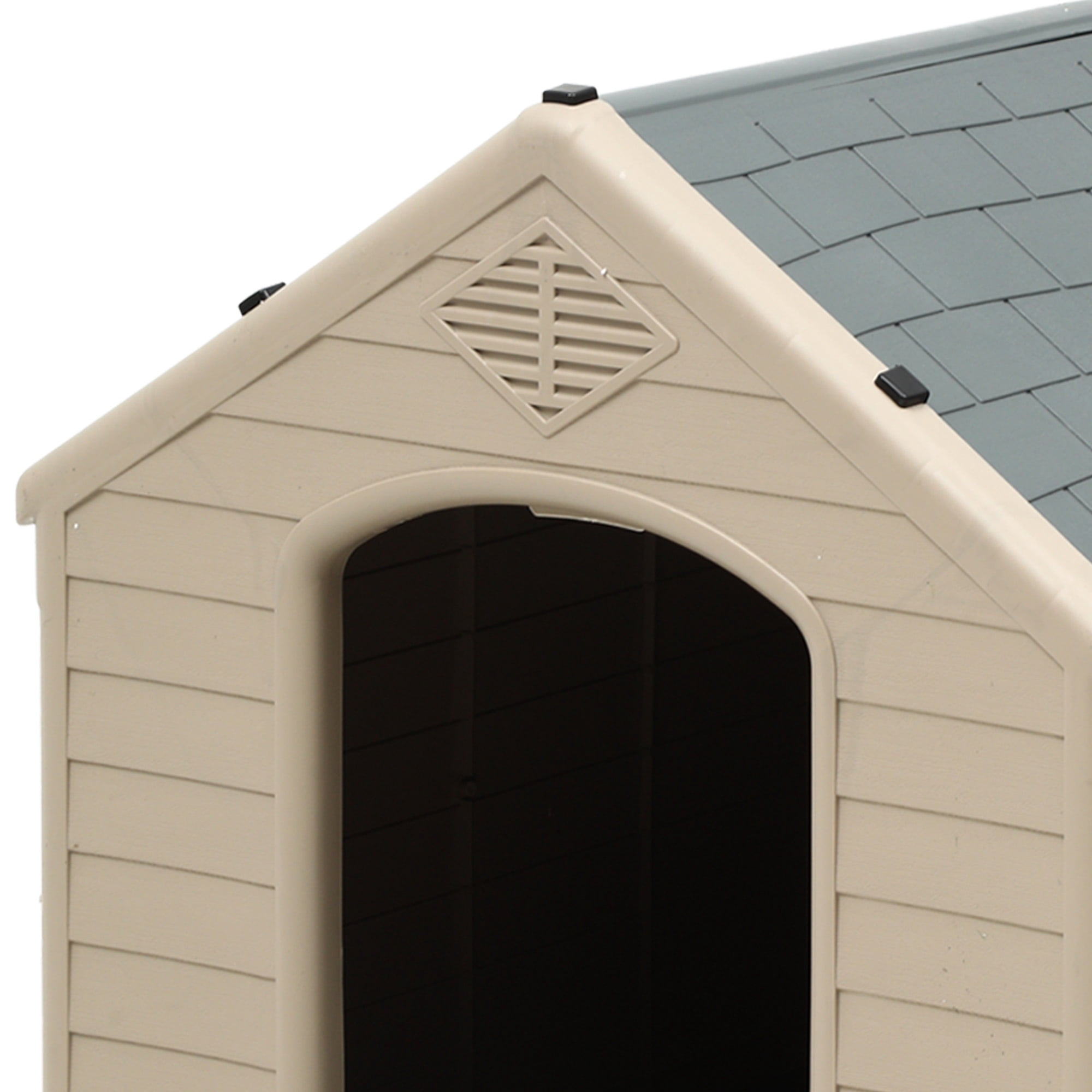 Uforic Large Waterproof Plastic Dog House with Air Vents and Elevated Floor, Outdoor Indoor Doghouse Puppy Shelter,Gray+Brown,41''Lx 38''Wx 39''H