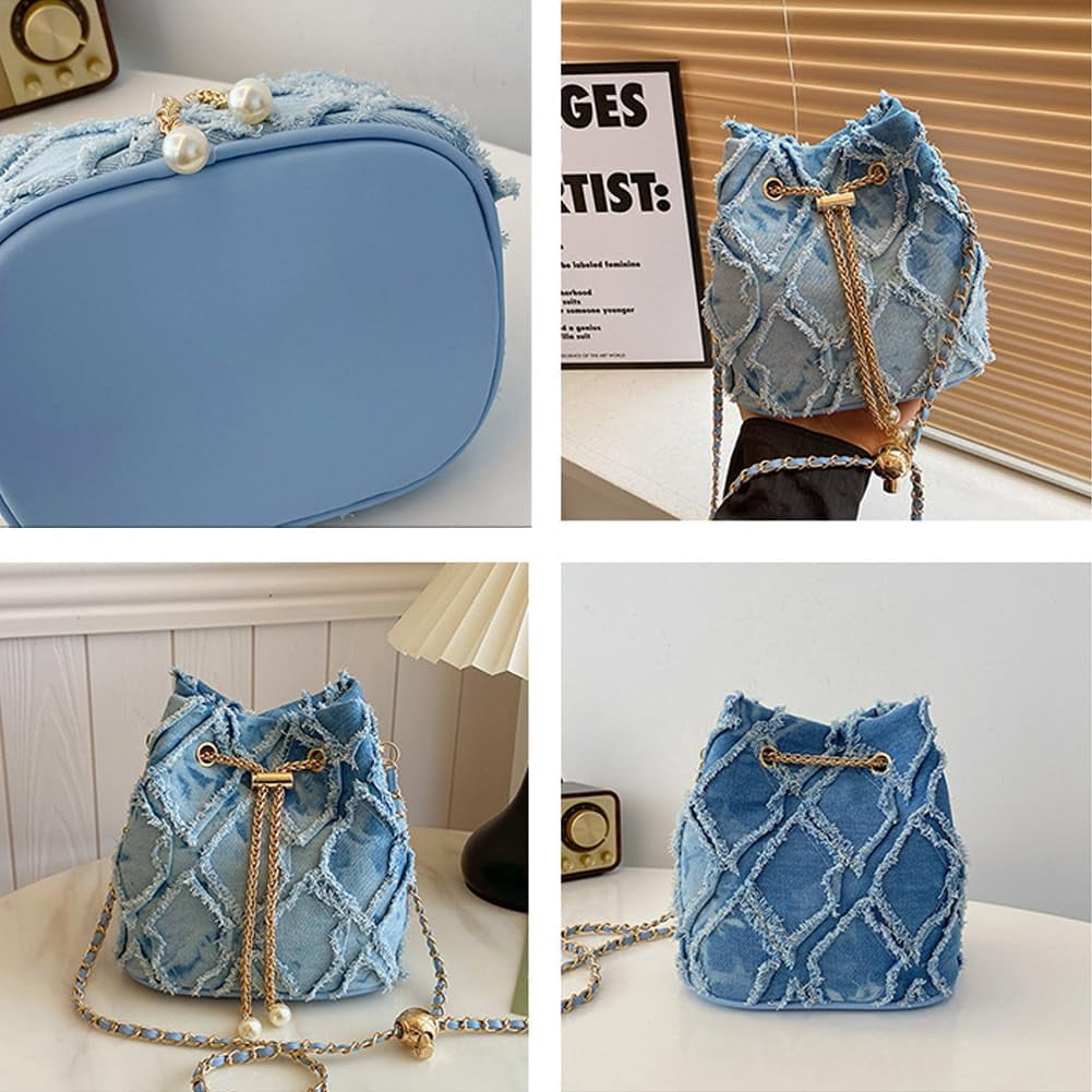 CoCoMangos Small Denim Bucket Bag, Jean Purses for Women Denim Crossbody Bags Hobo Bag Drawstring Handbag