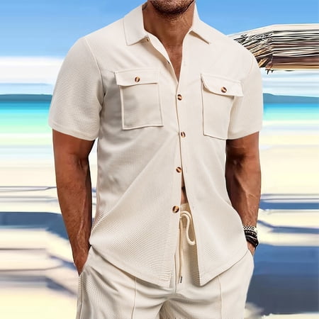 Gyexs Mens Short Sleeve Shirts Button Down Khaki Breathable Linen Shirts Solid Color Regular T-Shirt Outerwear Men Apparel Size L