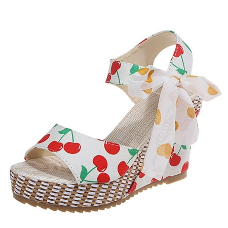 

TOYFUNNY Roman Style Fish Mouth Thick Bottom Wedge With Bow Strap Fruit Print Open Toe Breathable Sandals Womens Shoes