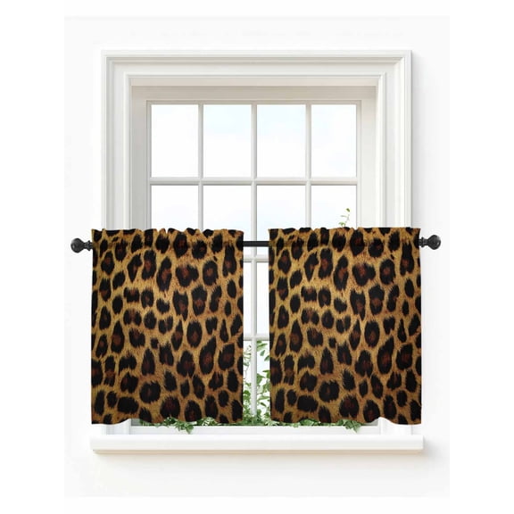 Leopard Tier Curtains 24 Inch Length, Sheer Curtains for Bedroom Living Room Window Brown Vintage Leopard Print Rod Pocket Voile Drapes Kitchen Curtains Small Half Window 27.5"x24" 2 Panels