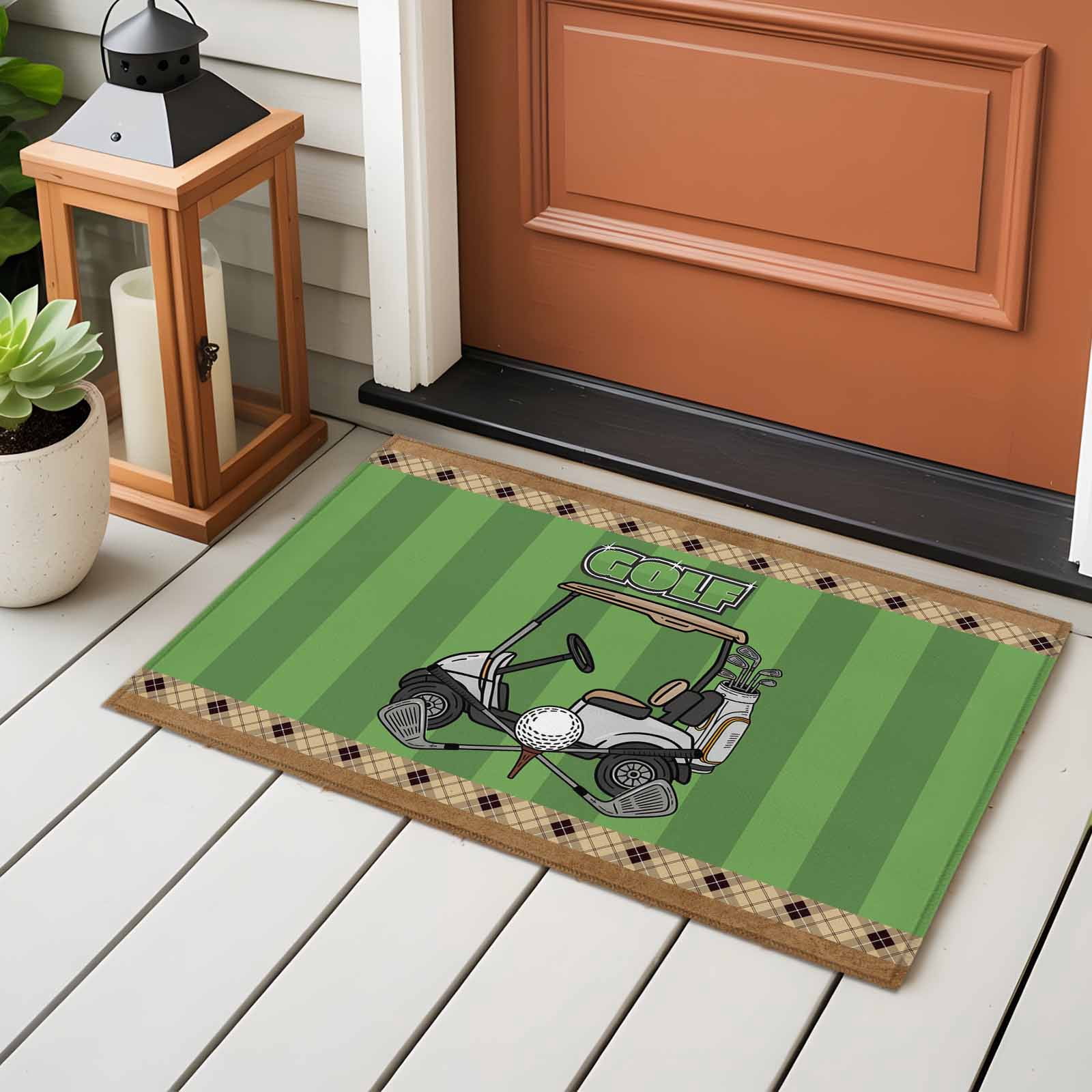 Entrance Runner Rug 2'x3', Golf Balls Non-slip Doormat for Indoor Outdoor Entrance, Green Sports Art Truck Brown Lattice Washable Throw Floor Mat for Front Door/Living Room/Bedroom/Bathroom/Kitchen