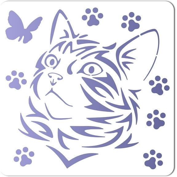 Large Cat Stencils 12x12 Inch Reusable Animal Template Signs Home Wall Butterfly Cat's Paw Plastic Square Family Stencils for Painting on Wood Wall Scrapbook Floor Canvas Tile Drawing