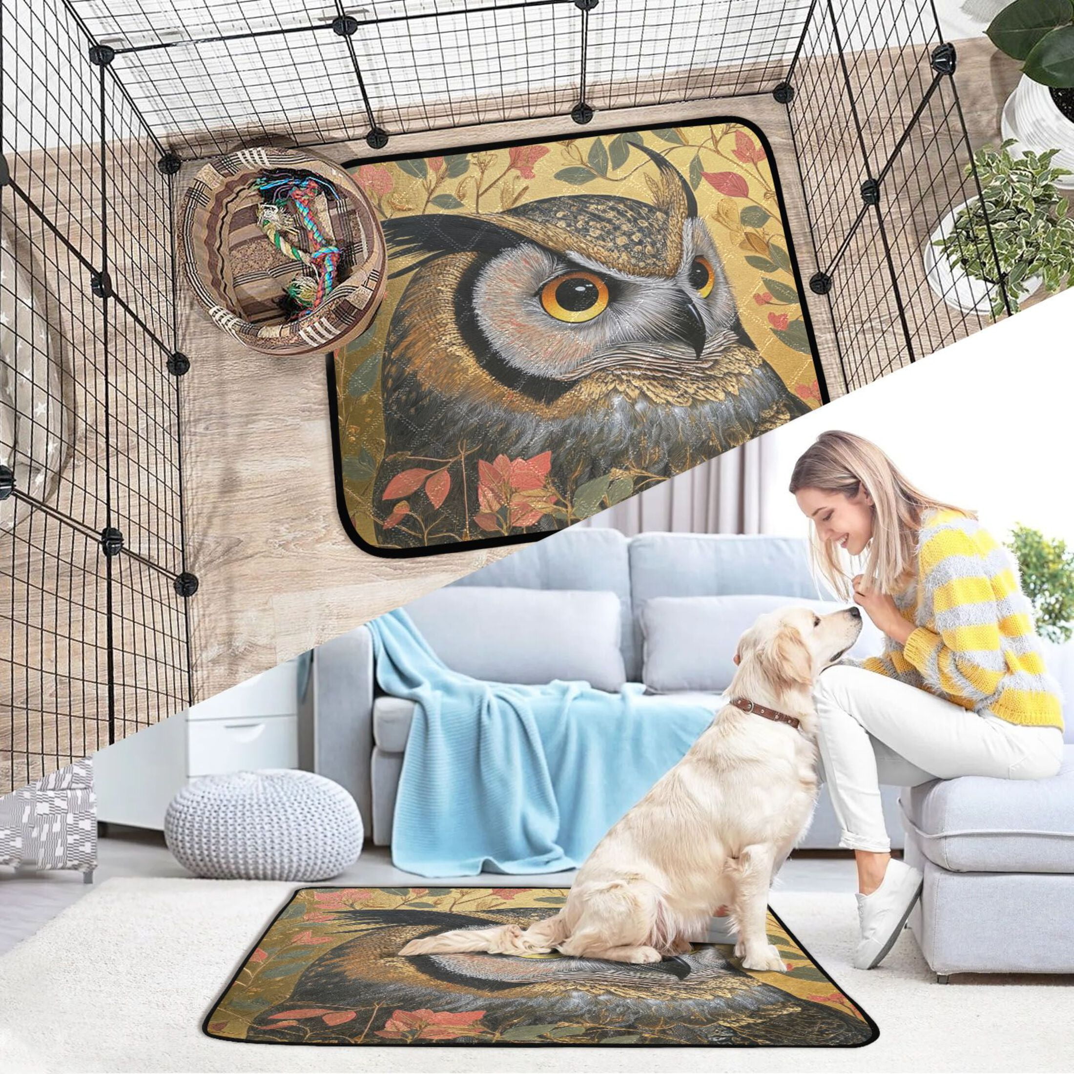 Qxltty Owl Leaves Yellow Pattern Cat litter Pads Pet Set of 3 Diaper Mats Center Anti-leakage Layer Absorbent Soft and Comfortable