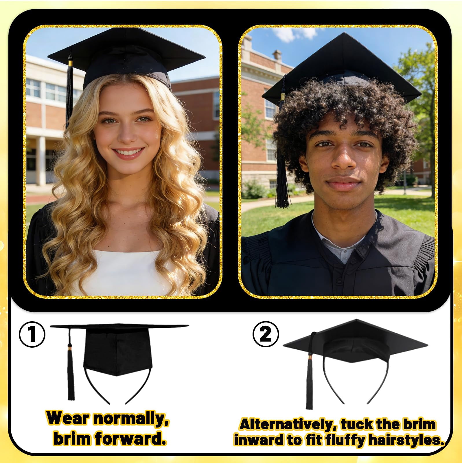 2 Pcs Black Graduation Cap Headband Insert, Anti-Slip Graduation Hat Holder for Curly Hair, Secure Fit Hairband Accessory, Keeps Hairstyle Natural and Stable