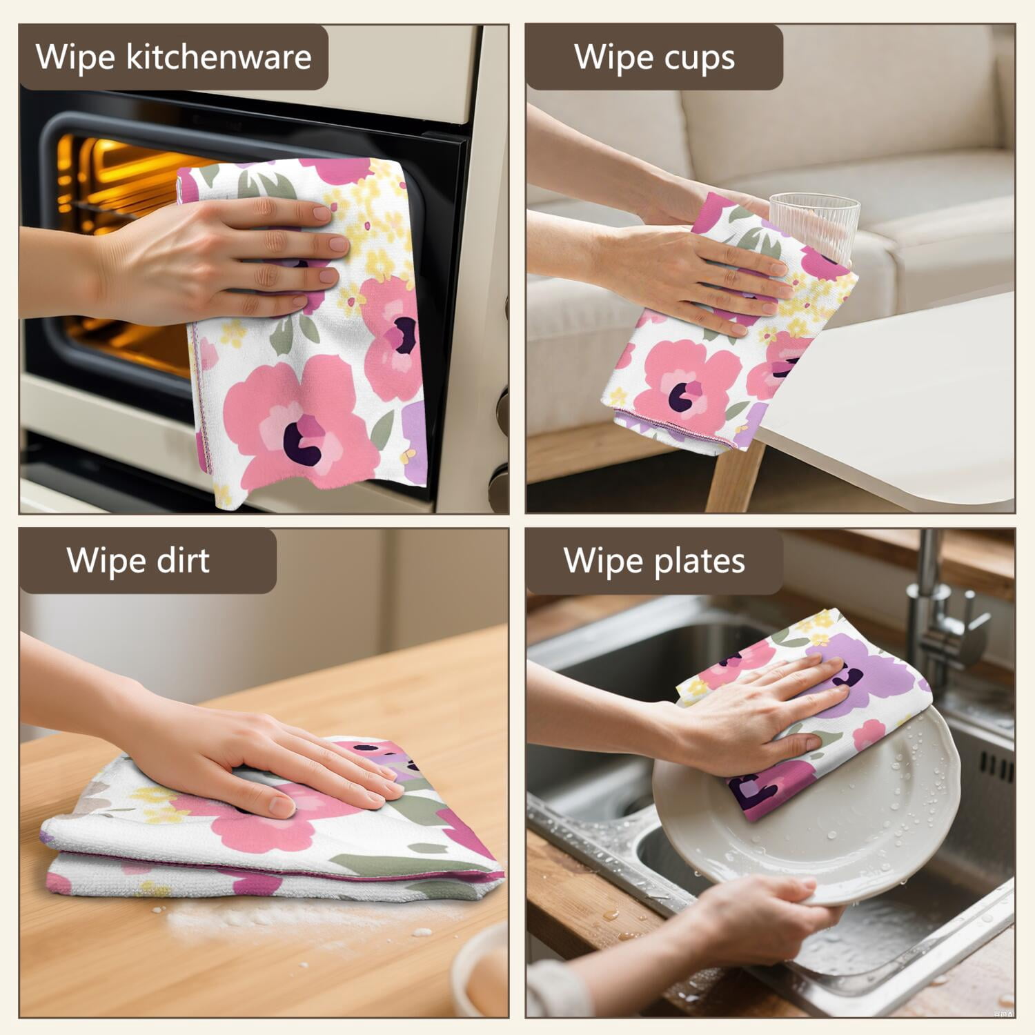 6 Pcs Funny Kitchen Towels,Pioneer Flower Floral Print Pattern Microfiber Dish Towels,Kitchen Tea Towels,Kitchen Towel Set (18" X 26")