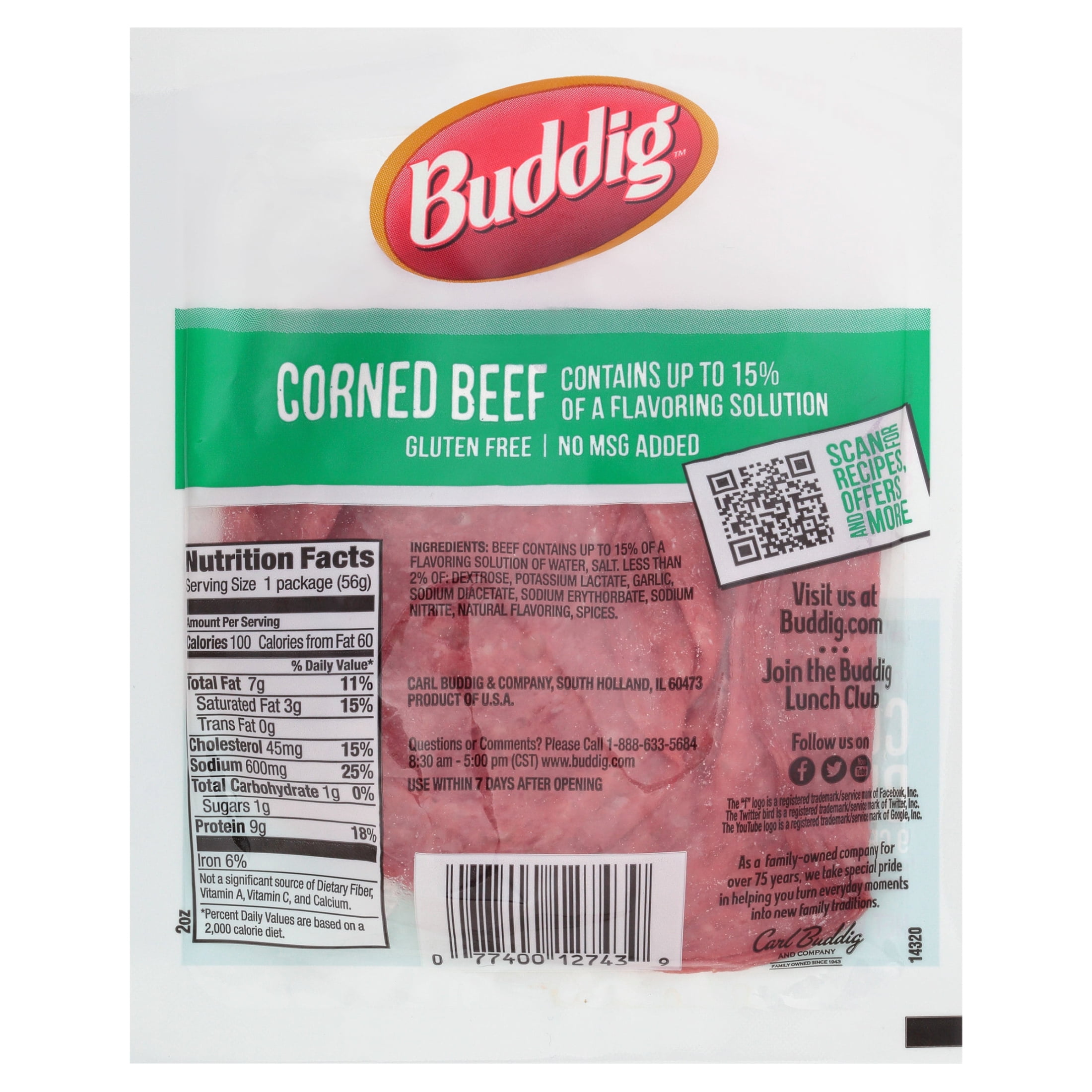 Carl Buddig Corned Beef Lunchmeat 2oz (56G) Pouch, 9g of Protein per Serving, Refrigerated