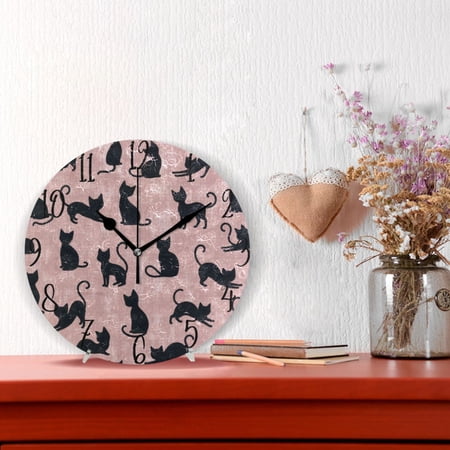 10 Quartz Indoor Wall Clock Silent Mechanism / Black Cat Silhouettes Pattern