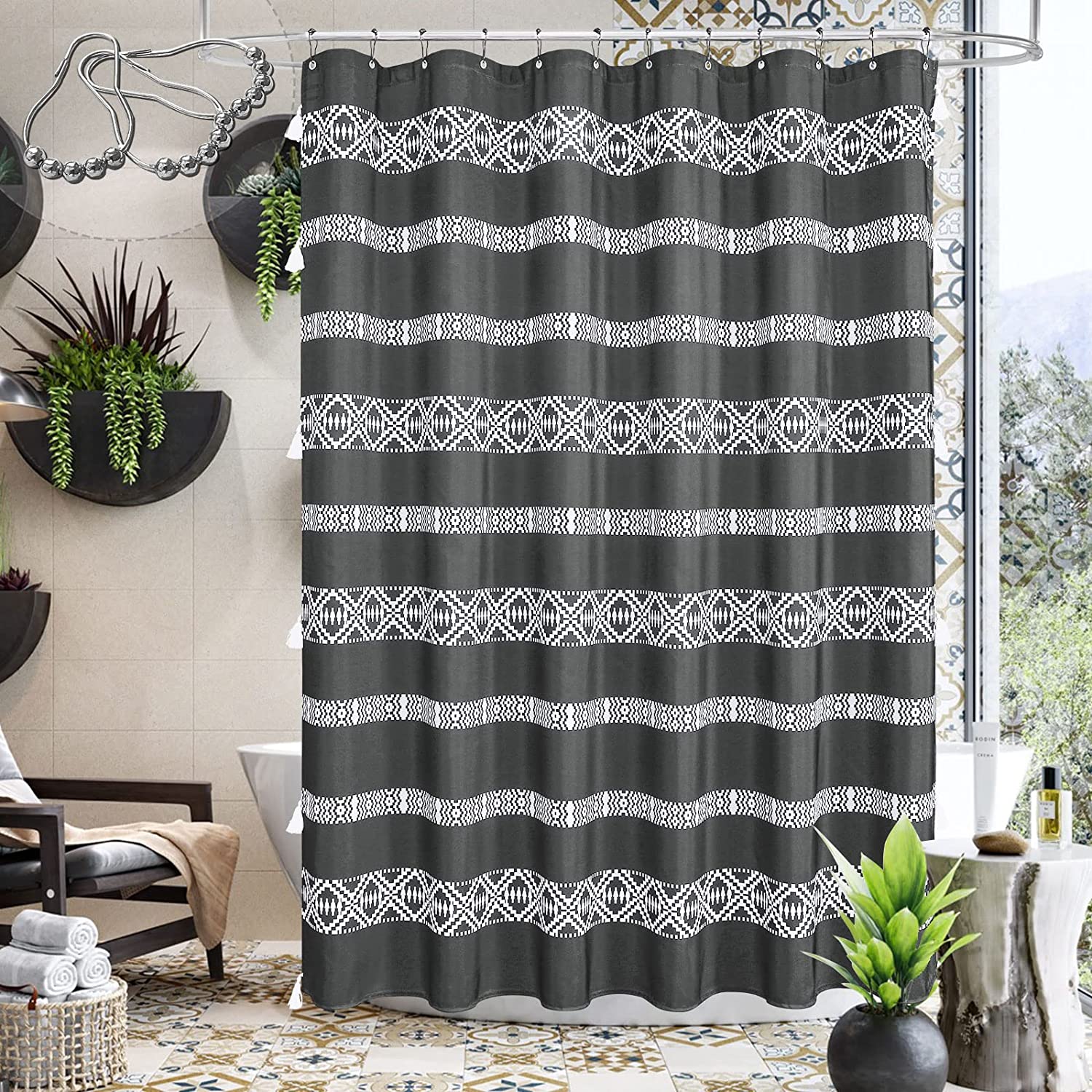 Black and White Boho Shower Curtain Set with Hooks, Modern Farmhouse