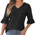 thumbnail image 3 of DDAPJ pyju Blouses for Women Dressy Casual 3/4 Length Bell Sleeve Tops Loose Fit V Neck Tunic Shirts Lightning Sales Today Black S, 3 of 8