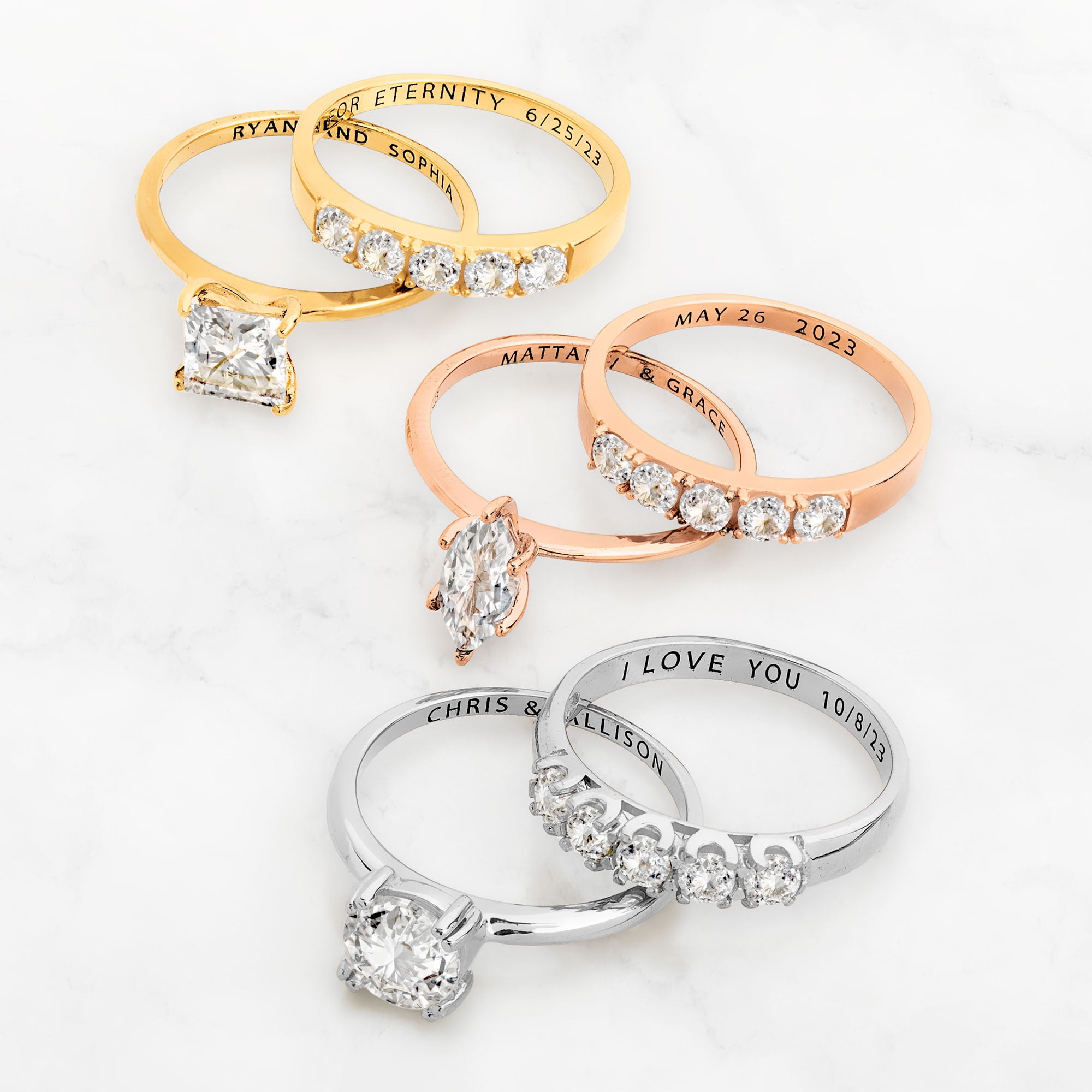 Vow & Forever Personalized Planet Bridal 14K Gold over Sterling Silver Round White Topaz 2-Piece Engraved Wedding Ring Set ,Women's