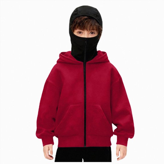 Gubotare Balaclava Hoodie for Boys Girls Kids Windproof Ski Mask Hoodies Oversized Full Zip Sweatshirt Jacket with Pockets (Red, 12-13 Years)