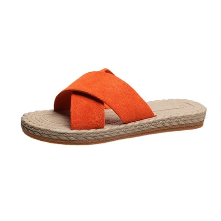 

SEMIMAY Ladies Fashion Solid Color Suede Strap Straw Woven Bottom Flat Open Toe Slippers