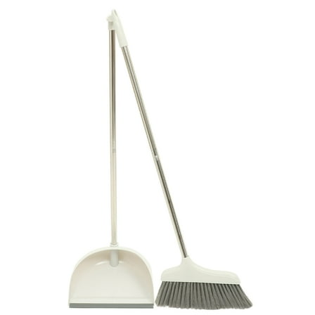SOPOTUTU Ergonomic Broom and Dustpan Set, Heavy Duty Plastic and Metal, Beige, Indoor Home Cleaning Tool