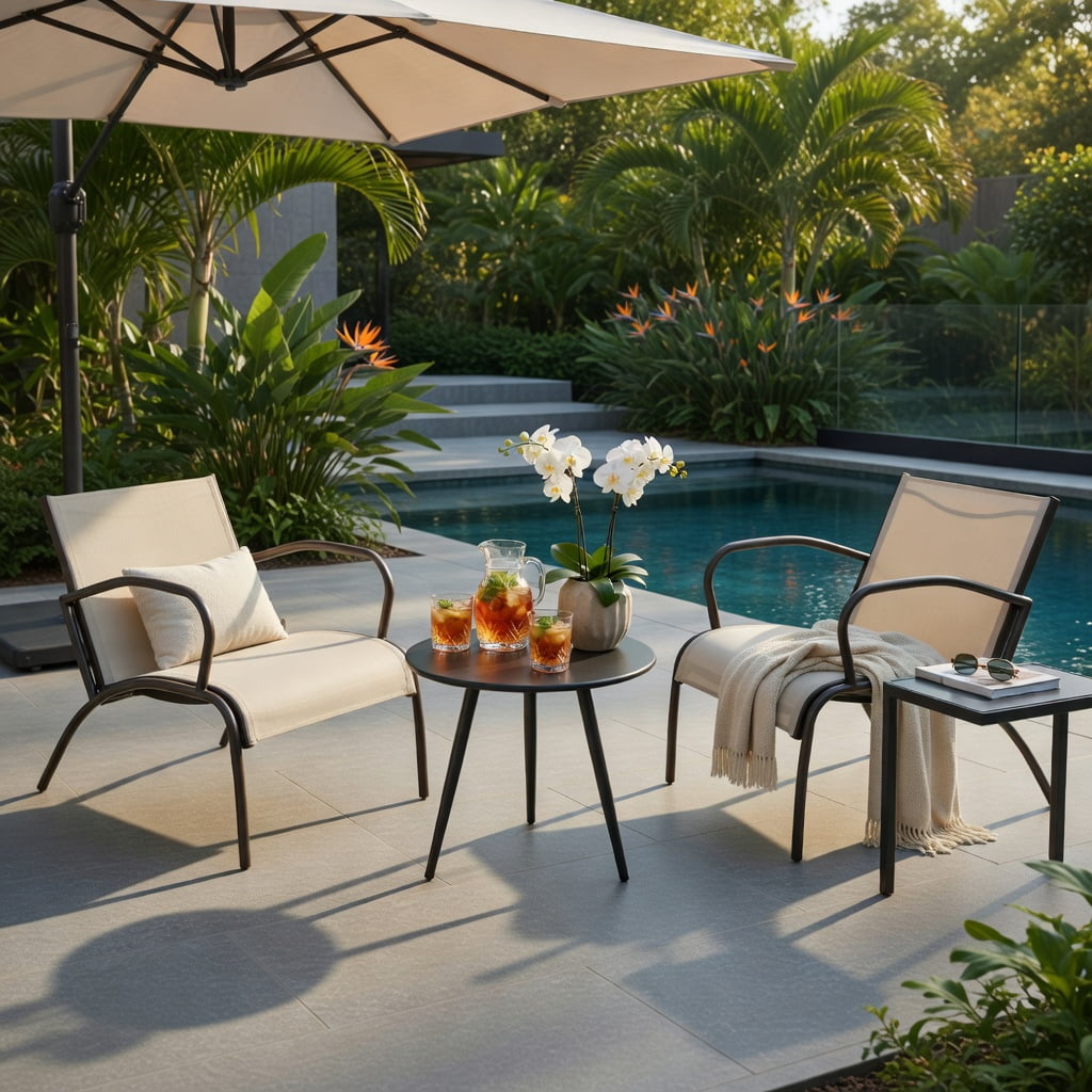 Hommoo 3-Piece Outdoor Patio Set, 2 Wide-Arm Aluminum Metal Chairs + Coffee Table, Brown