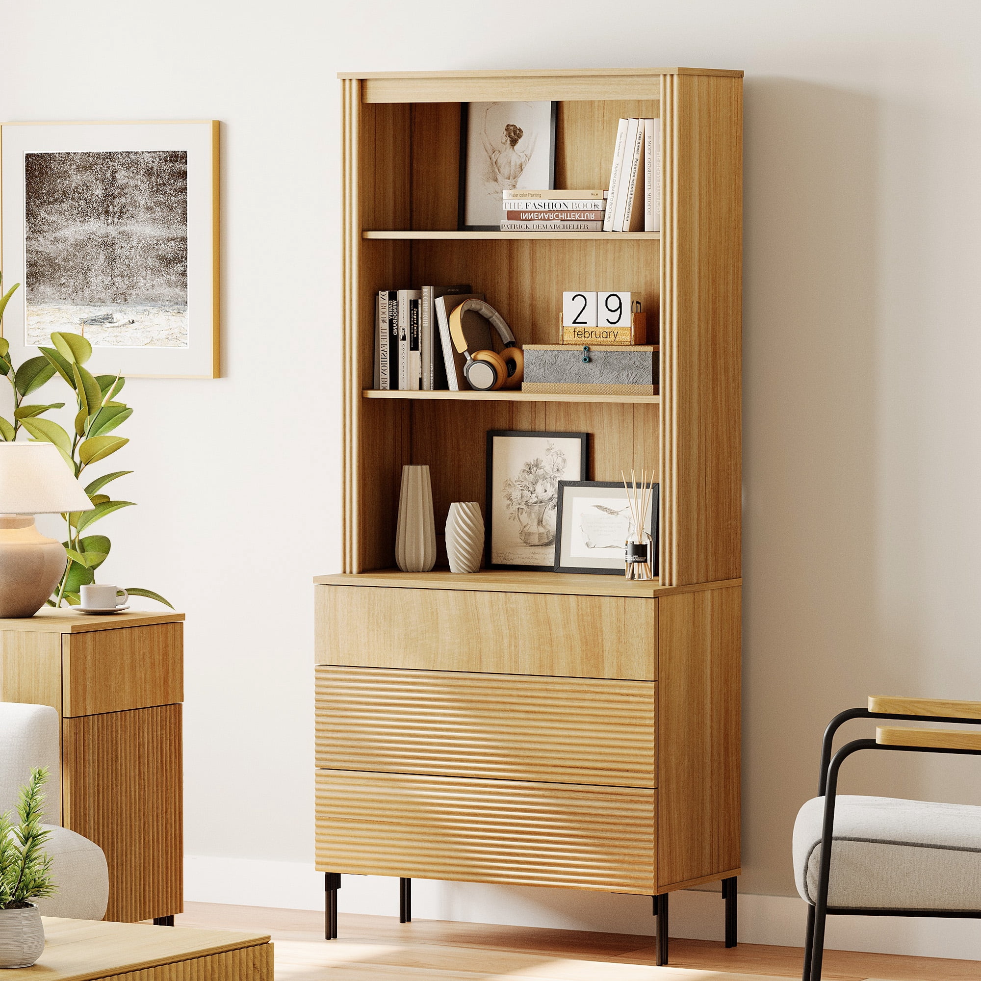 71.6" Tall Modern 3 Tier Bookcase with Storage Cabinet, Wooden Display Cabinet with Fluted Drawers and Adjustable Shelves, Versatile Bookshelf for Living Room, Study, Office