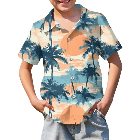 Abcomgle Boys Hawaiian Shirt Size 10-12 Button Down Short Sleeve Boys Vacation Shirts Summer Palm Tree Print Holiday Boys Floral Shirt,Sky Blue,5-6Years