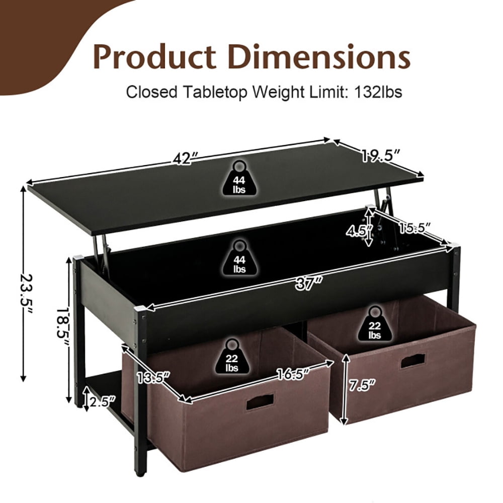 Finihen Rectangular Coffee Table, Lift Top Coffee Table, Central Table with Drawers and Hidden Compartment, for Living Room, Reception Room, Black