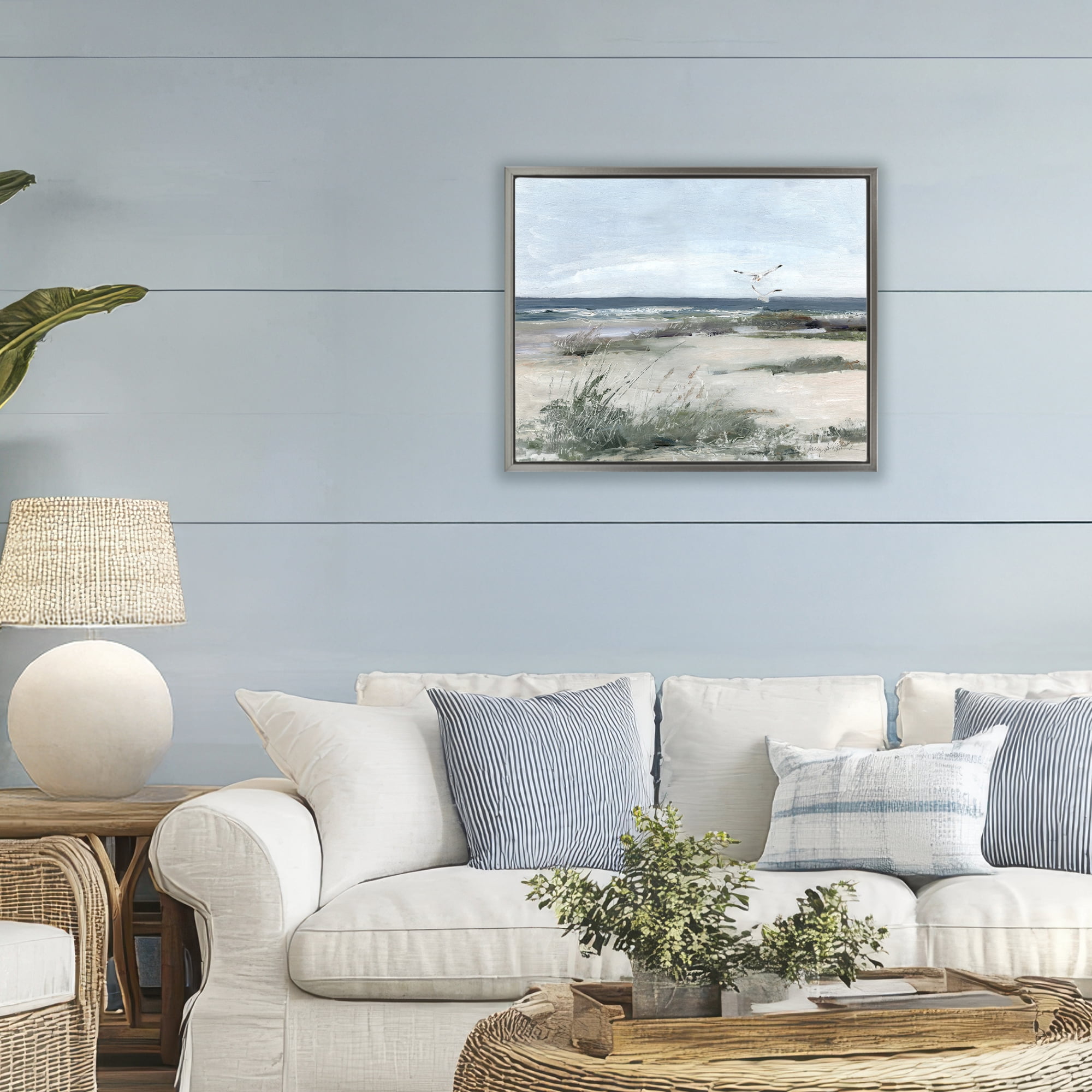 Stupell Industries Seagull Pair over Waves Gray Framed Floater Canvas Wall Art, design by Sally Swatland