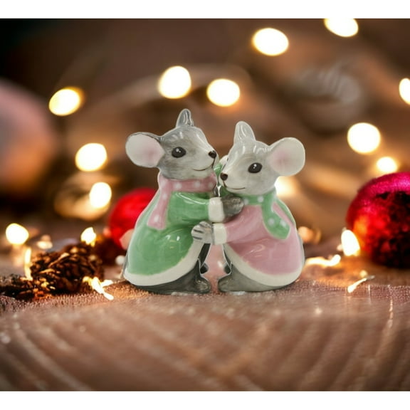 Pastel Ceramic Christmas Mice Salt and Pepper Shakers 3.5in Gift