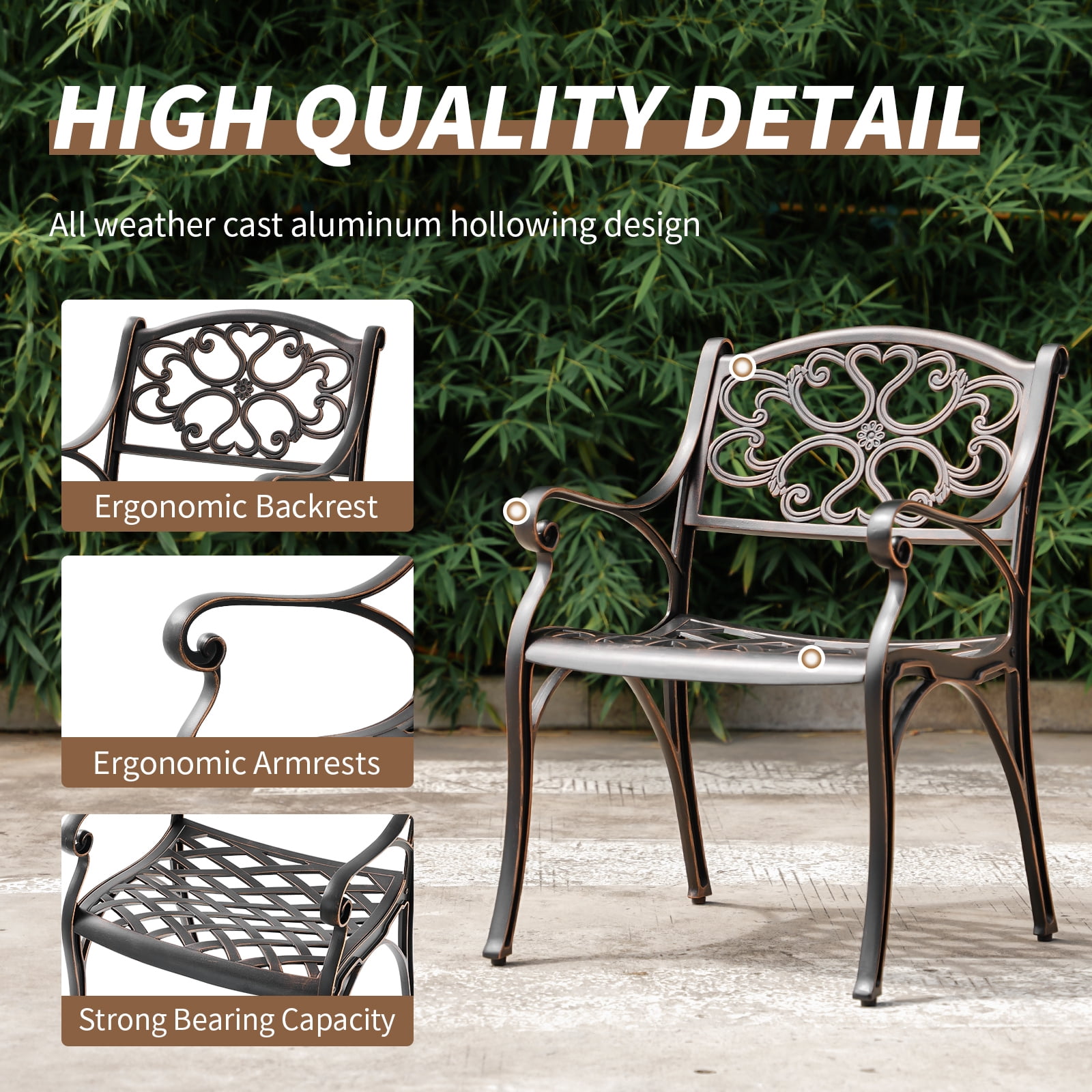 PATIO-IN Cast Aluminum Patio Chair Set of 2 with Armrests, Antique Bronze Metal Bistro Chairs, Outdoor Patio Dining Chairs for Garden, Porch, Poolside