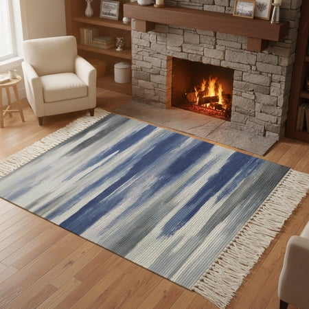 Living Room Area Rug 4 x 6 Abstract Navy Blue Washable Large Carpet with Tassels Vintage Grey Street Painting Art Farmhouse Low-Profile Carpet Mat for Bedroom Kitchen Home Decor
