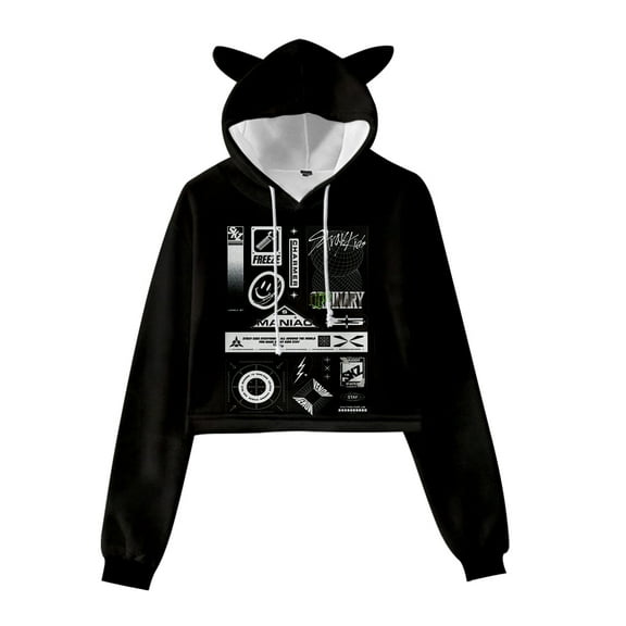 Kpop Stray Kids MANIAC Logo Printed 3D Cat Ears Hoodie for Women Long Sleeve Pullover Hooded Sweatshirt