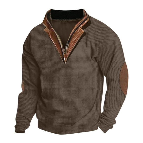 BADHUB Men's Lapel Collar Sweatshirts No Hooded Quater Zip Vintage Pullover Elbow Patche Long Sleeve Sweatshirt Holiday Deals Coffee,L