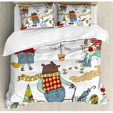 Animal Queen Size Duvet Cover Set, Bear on Bicycle Fox in Raincoat and Bunny with a Teapot Urban Forest Characters, Decorative 3 Piece Bedding Set with 2 Pillow Shams, Multicolor, by Ambesonne