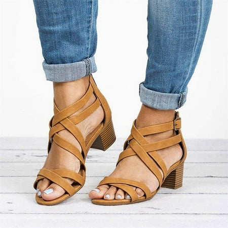 

VKEKIEO Peep Toe Heels For Women High Heel Ankle Strap Ornamental Zipper Brown 39