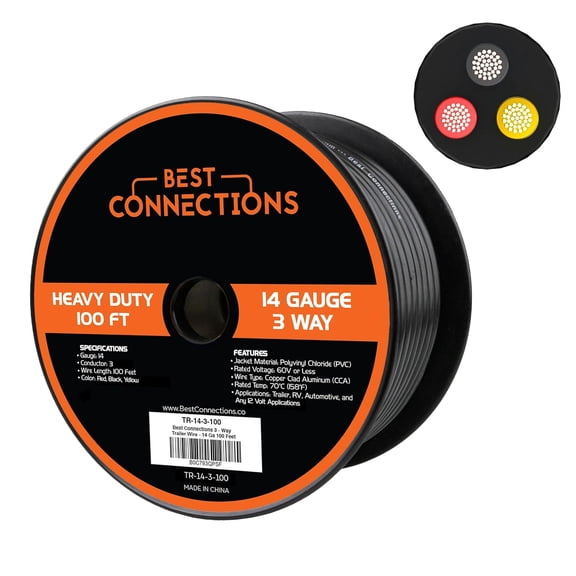 Best Connections 3 Way Trailer Wire, Heavy Duty 14 Gauge, 3 Conductor Insulated Cable, 100 Feet