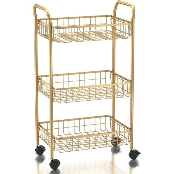 3 Tier Rolling Utility Cart, Storage Trolley Service Cart with Wheels Easy Assembly for Kitchen, Living Room, Office, Salon, Gold