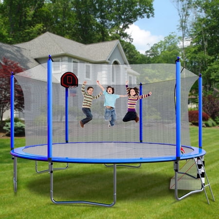 16FT Trampoline with Soccer Goal, SEGMART Recreational Trampoline with Basketball Hoop and Ladder, Heavy Duty Outdoor Backyard Trampoline with Net for Kids and Adults, Blue