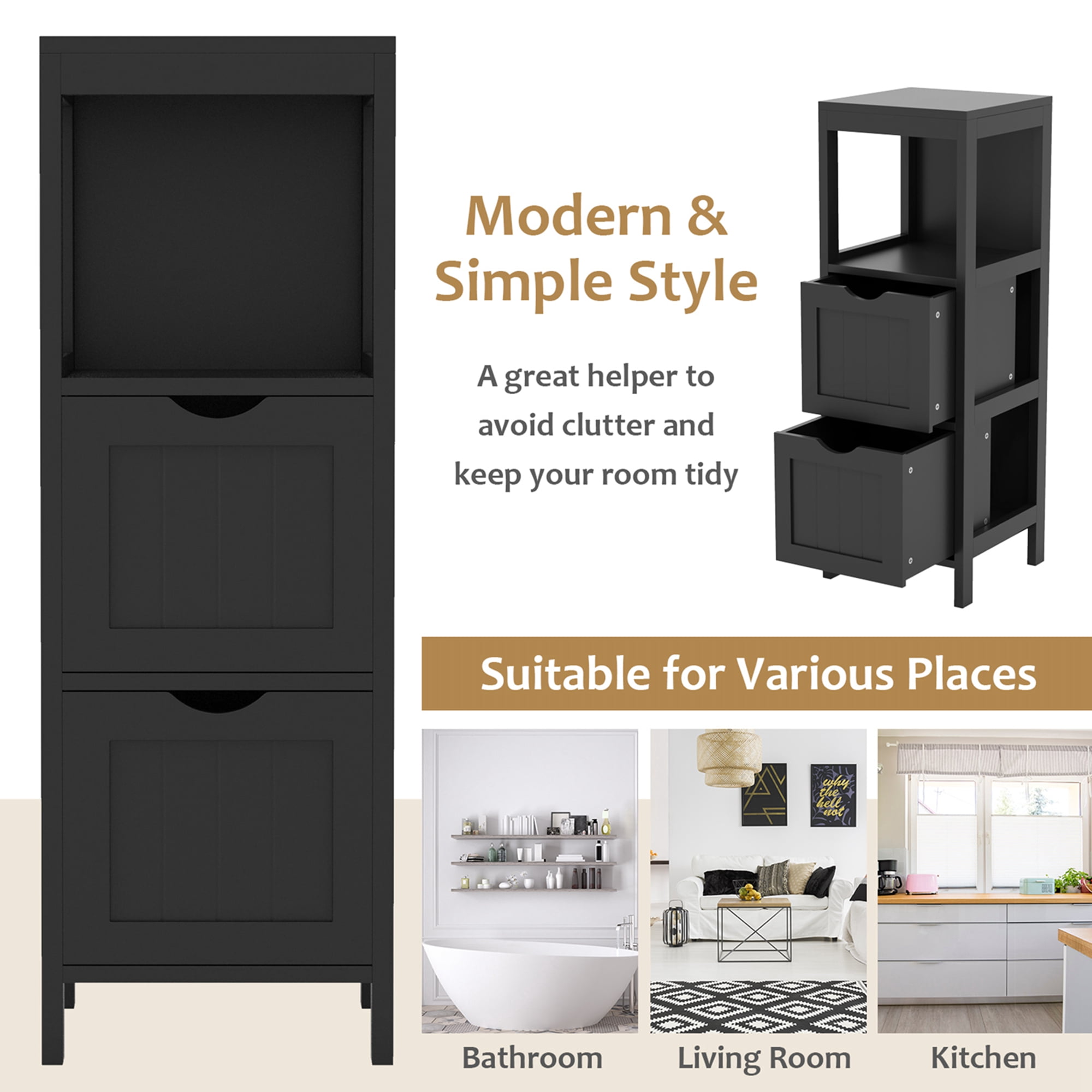 Costway Bathroom Floor Cabinet Freestanding Side Storage Organizer with 2 Removable Drawers Black