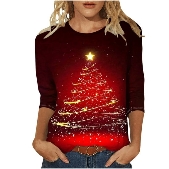 3/4 Sleeves Christmas Tops MIUOWANP Women's Fashion Tees Casual Crewneck 3/4 Sleeve Loose T Shirt Ladies Tops Blouses Shirts Multicolor L