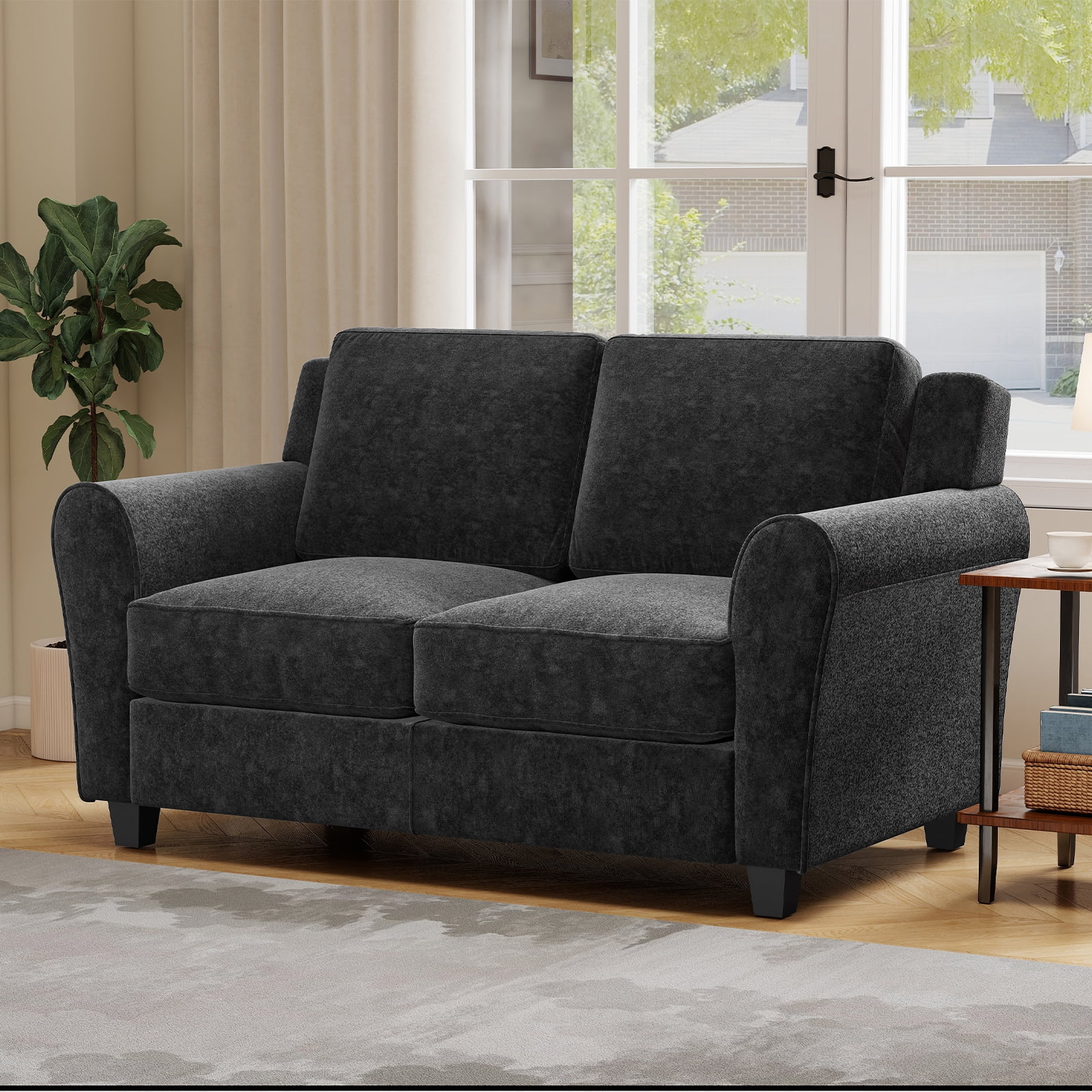 Ebello Modern Loveseat Sofa, 2-Seater Upholstered Sofa Couch with Thick Cushions for Living Room and Bedroom, Black