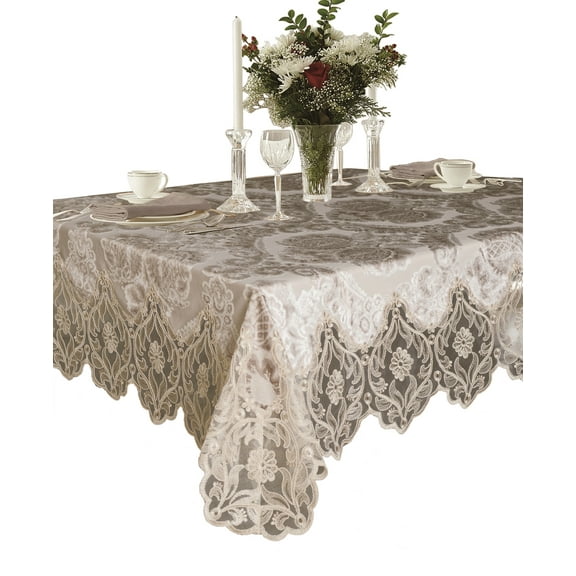 Elegant Velvet Lace Sheer Floral Deluxe Design Tablecloths - Taupe, 45" x 45"