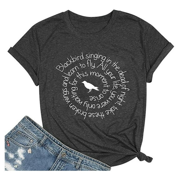 Women's Short Sleeve Shirts Novelty Letter Graphic Print Round Neck Tops Relaxed Fit Casual Comfy Pullover Outfit Blouses