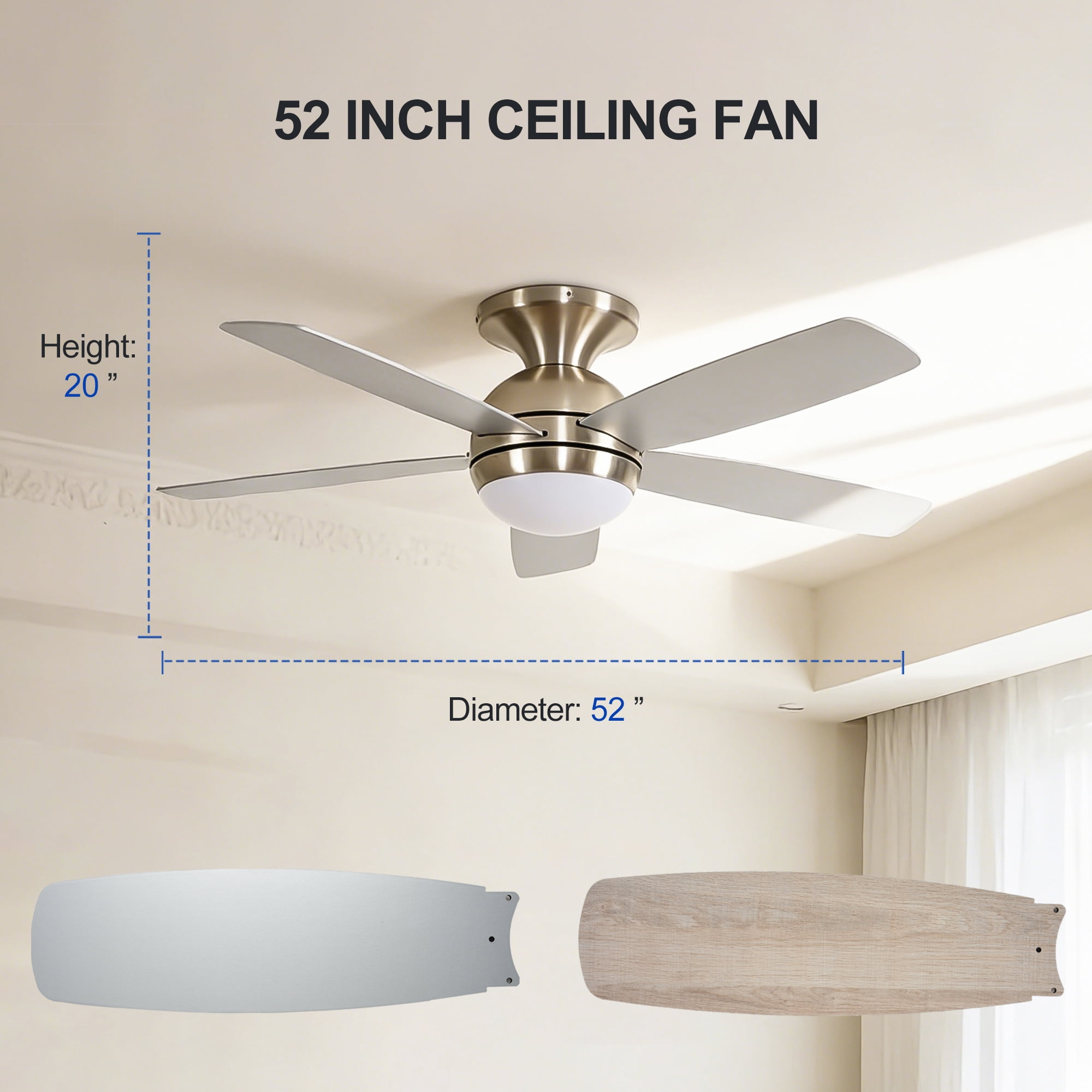 Ceiling Fan with Light, 52 Inch Reversible Blade LED Fan for Household Indoor Daily Use, Brushed Gold Silver