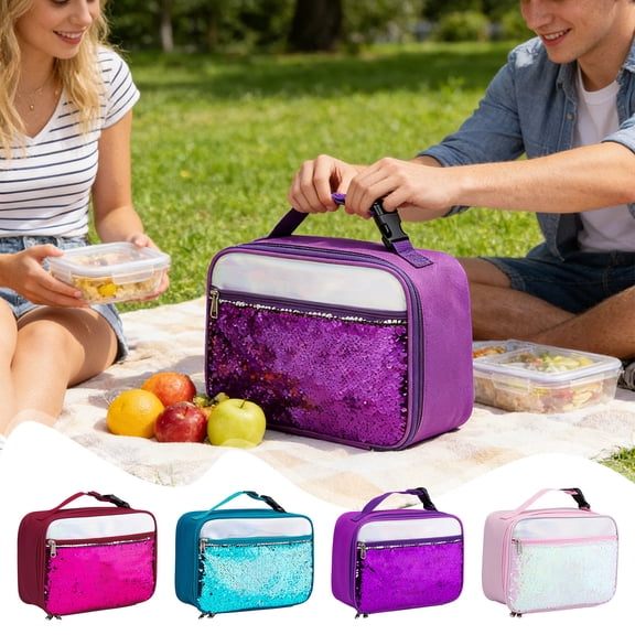 FastXmas Handheld Lunch Bag, Reusable Insulated Flip Sequins Lunch Tote Bag Handheld Box Roomy Carry Bag Lunchbox for Women Glittering Shining Office Travel Camping Work Use