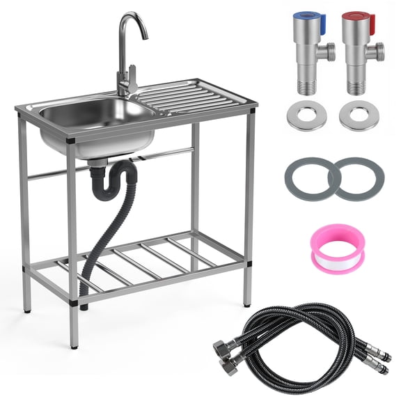 Jnismy Freestanding Single Bowl Kitchen Sink Stainless Steel Utility Sink Set Outdoor Sink Station with Hose Hook Up, Hot & Cold Faucet, Storage Shelves,Silver