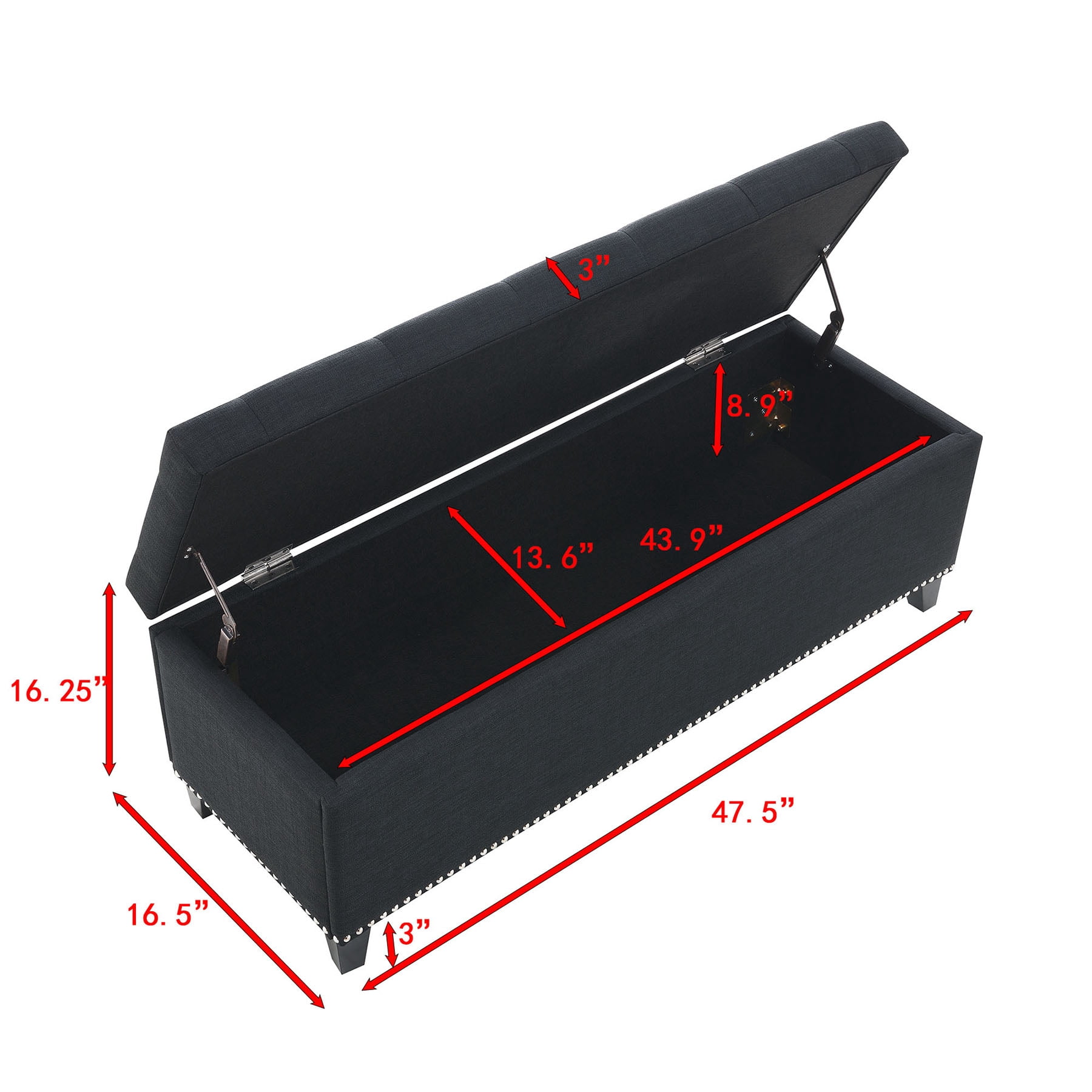 S-HOME Versatile 47.5-Inch Ottoman Storage Seat  with Safety Close Hinge, Teddy Upholstered Ottoman for Home Organization, Black