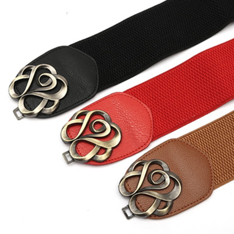 Womens Wide Buckle Stretchy Belt Vintage Elastic Dress Rose Red Wide Stretchy Vintage Waist Belt with Metal Buckle Womens  main image 3